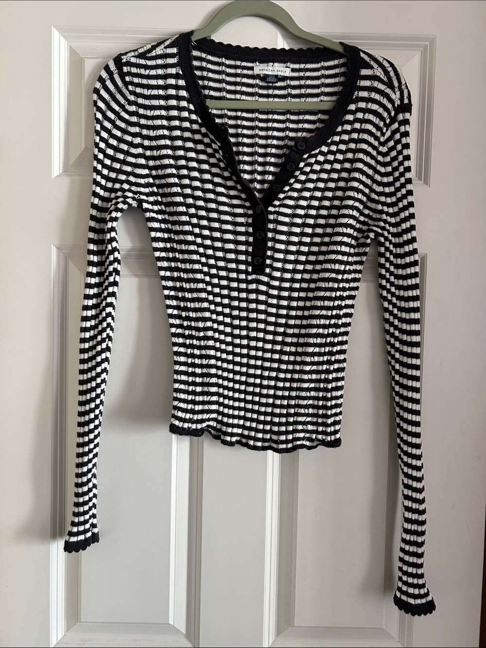 American Eagle Outfitters Black & White Striped Ribbed Henley Long Sleeve L